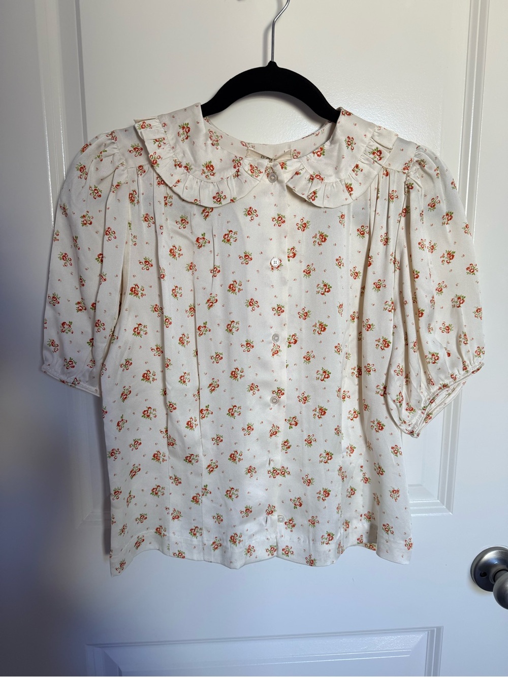 Doen Bel Ruffled Floral Print Silk-Charmeuse  Blouse